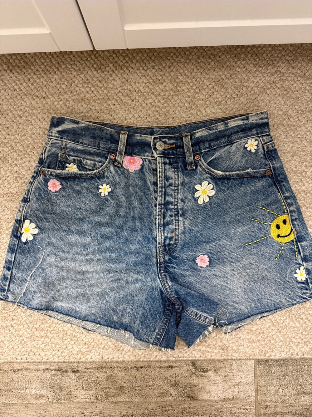 Old Navy Blue Denim Shorts with Embroidered Flowers and Smiley Sun